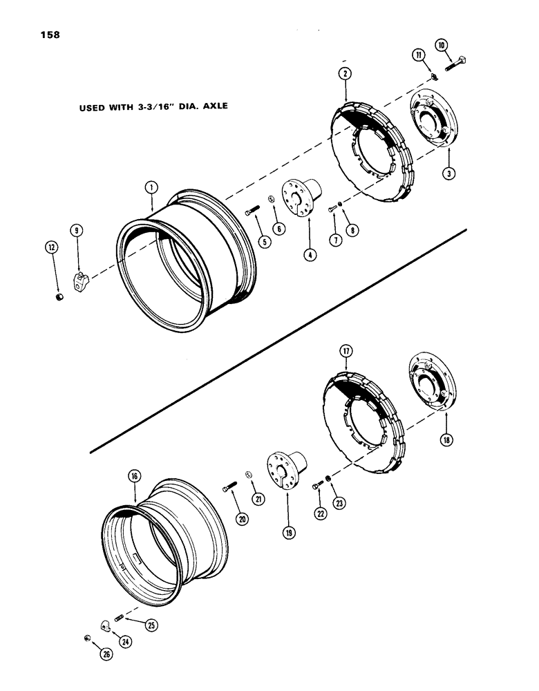 Схема запчастей Case IH 1070 - (158) - REAR WHEELS W/34" RIMS, MANUAL ADJUSTABLE, USED WITH 3-3/16" DIA. AXEL (06) - POWER TRAIN