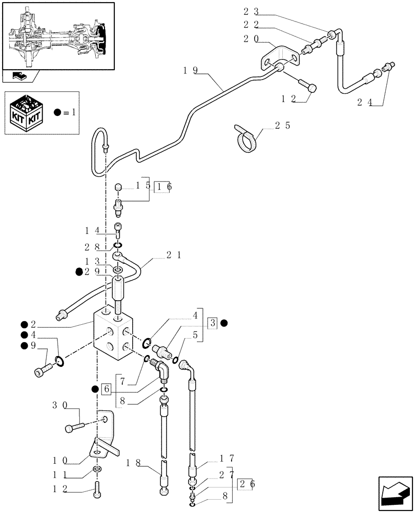 Схема запчастей Case IH MAXXUM 140 - (1.40.6/14[03]) - (CL.4) SUSPENDED FRONT AXLE W/MULTI-PLATE DIFF. LOCK, ST. SENSOR AND BRAKES - BRAKE VALVE AND PIPES (VAR.330430) (04) - FRONT AXLE & STEERING