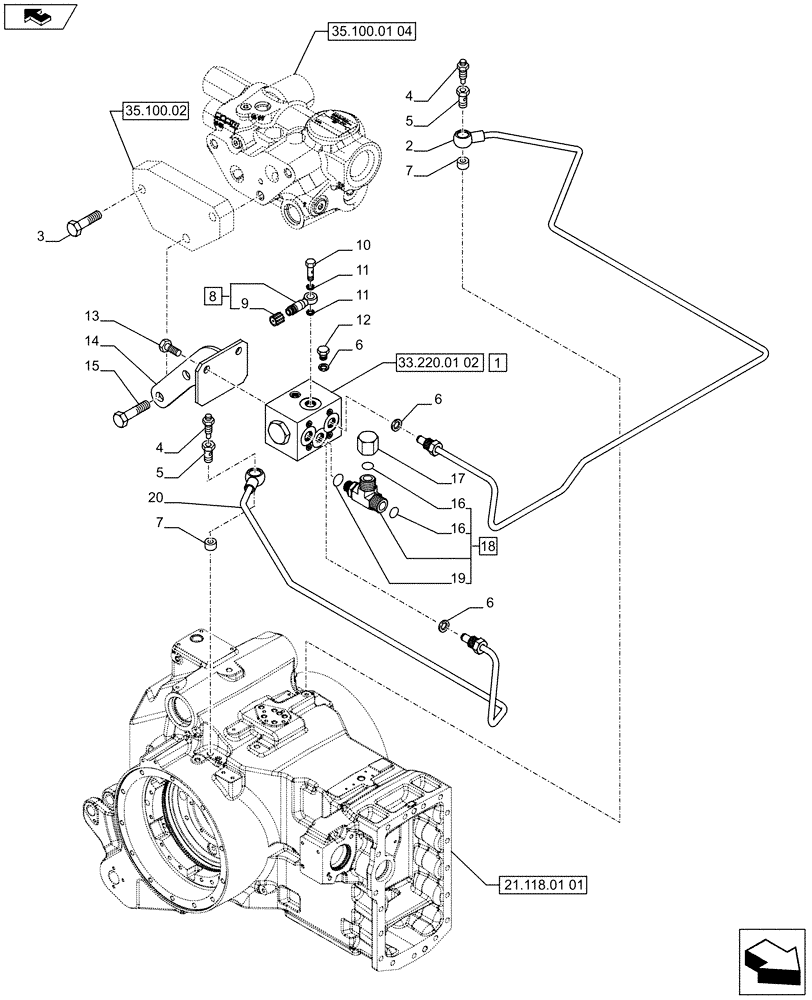 Схема запчастей Case IH PUMA 200 - (33.220.01[01]) - BRAKING LOGIC VALVE FOR CLOSED CENTRE LOAD SENSING HYD. - BRAKE LOGIC VALVE AND PIPES (VAR.743981 / 743896) (33) - BRAKES & CONTROLS