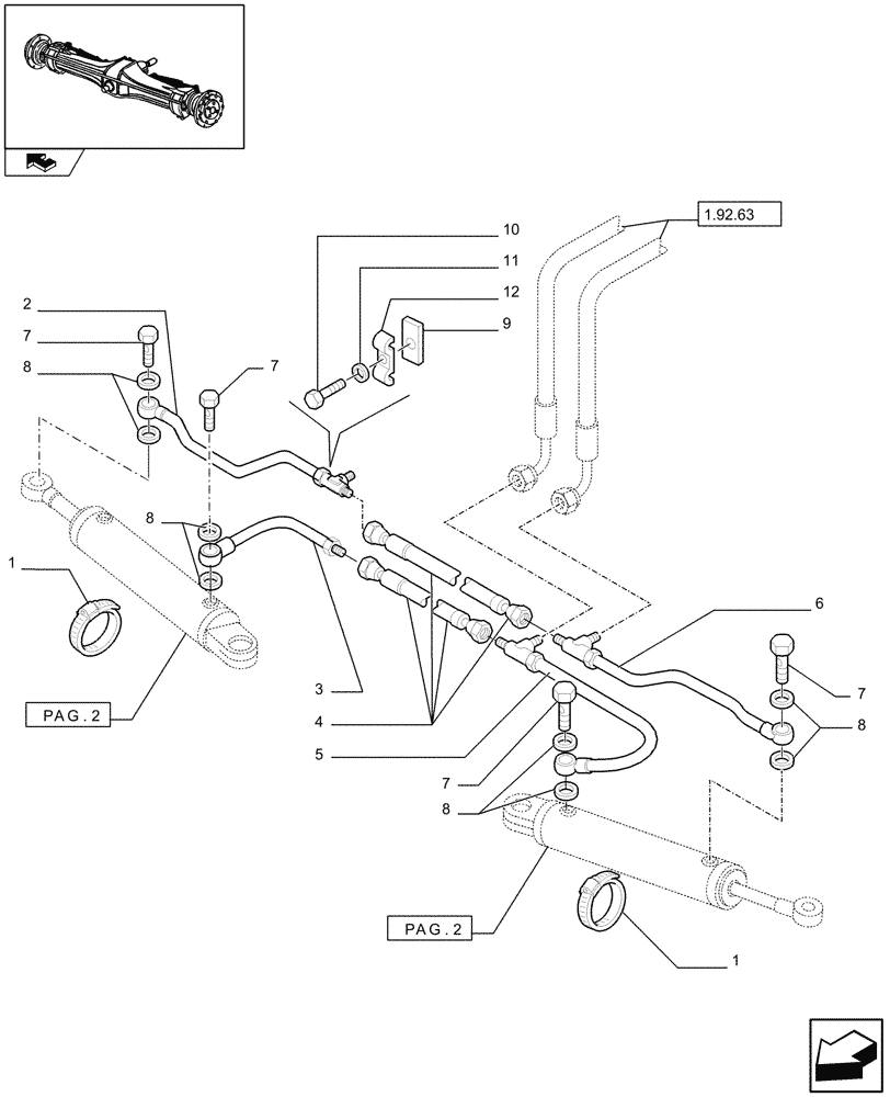 Схема запчастей Case IH FARMALL 90 - (1.40.4/08[01]) - CLASS 2 FRONT AXLE WITH 2ND STEERING CYLYNDER & LIMITED SLIP (30KM/H)-POWER STEER. CYL. (VAR.335539-743906) (04) - FRONT AXLE & STEERING