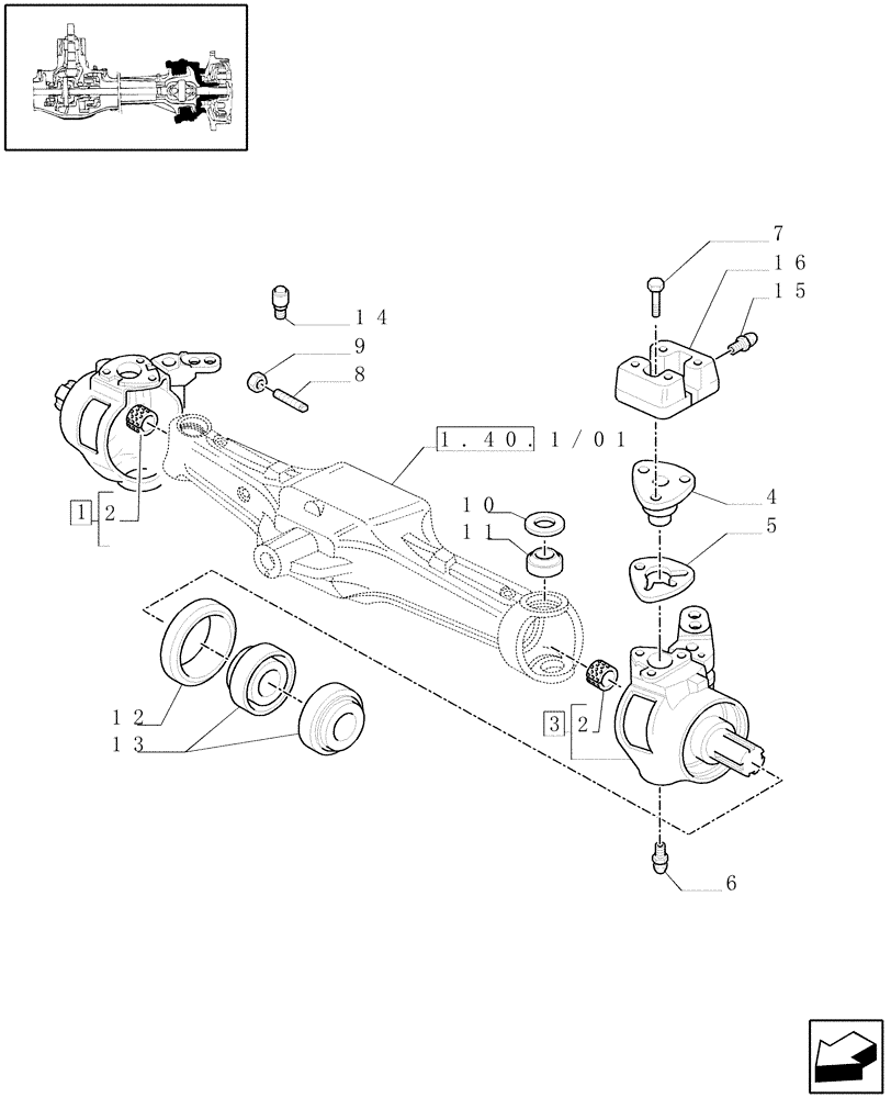 Схема запчастей Case IH JX1070C - (1.40.1/02) - (VAR.323) STANDARD FRONT AXLE W/ELECTROHYDR. DIFF. LOCK, W/FRONT BRAKES (40 KM/H) - STEERING KNUCKLE (04) - FRONT AXLE & STEERING
