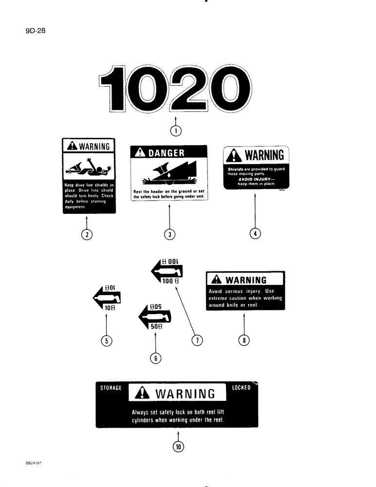 Схема запчастей Case IH 1020 - (9D-28) - DECALS, ENGLISH LANGUAGE (90) - PLATFORM, CAB, BODYWORK AND DECALS