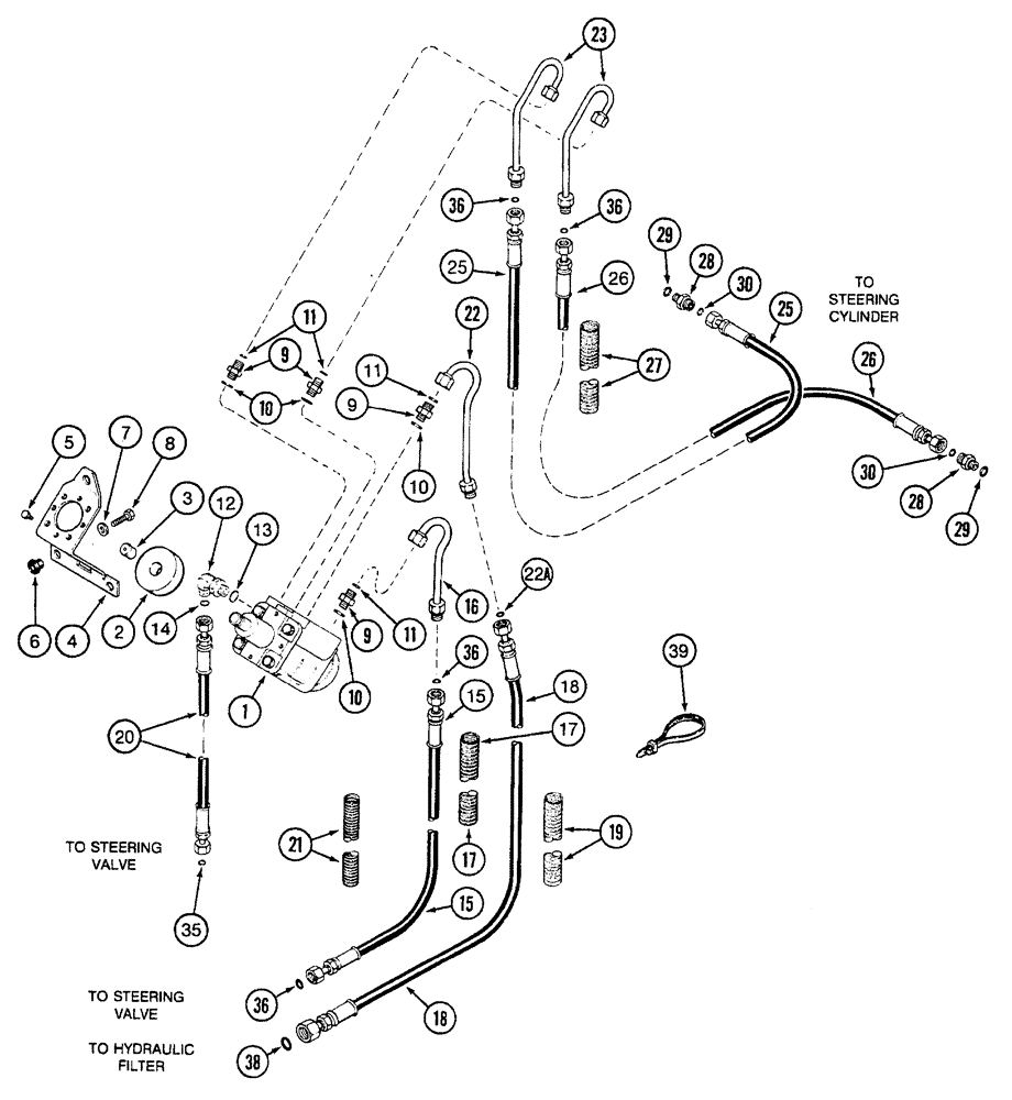 Схема запчастей Case IH 7250 - (5-010) - HYDROSTATIC STEERING SYSTEM, STEERING PUMP TO STEERING CYLINDER, 2-WHEEL DRIVE (05) - STEERING