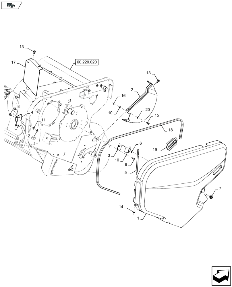 Схема запчастей Case IH LB434R XL - (90.102.040) - PICK-UP, SHIELDINGS, RIGHT (90) - PLATFORM, CAB, BODYWORK AND DECALS
