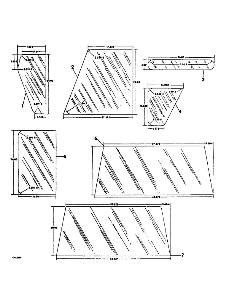 Схема запчастей Case IH 1468 - (13-49) - SUPERSTRUCTURE, CUSTOM TRACTOR CAB, GLASS DIMENSIONS (05) - SUPERSTRUCTURE