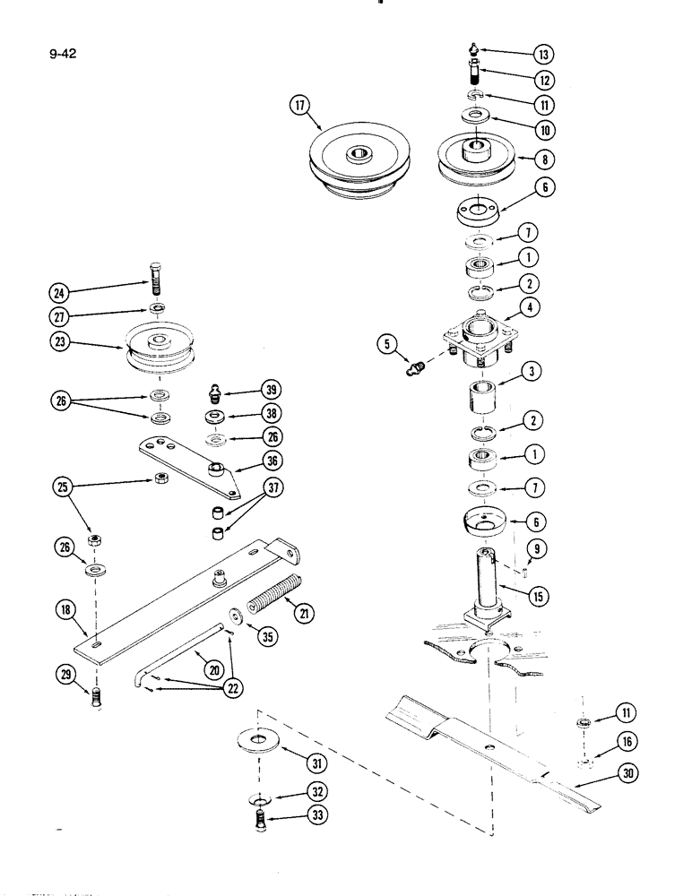 Схема запчастей Case IH 60MB - (9-042) - PULLEYS, BLADES AND SPINDLES, 60MB MOWER (03) - CHASSIS/MOUNTED EQUIPMENT