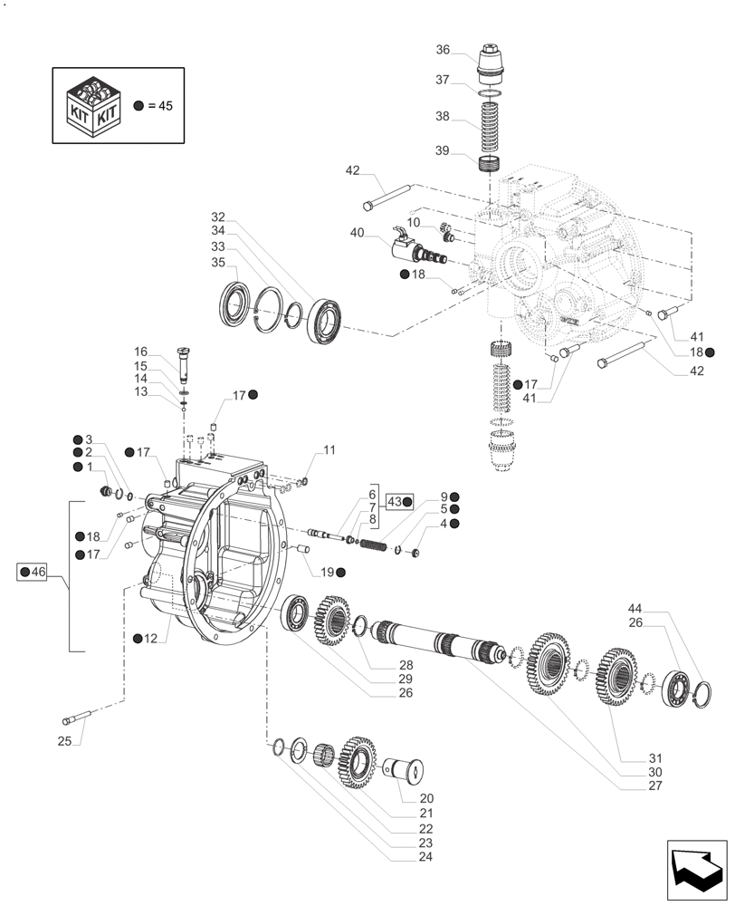 Схема запчастей Case IH FARMALL 110A - (21.154.AA[02]) - FRONT COVER 16+8 (POWER SHUTTLE / DUAL POWER) - 30 KM / 40 KM (21) - TRANSMISSION