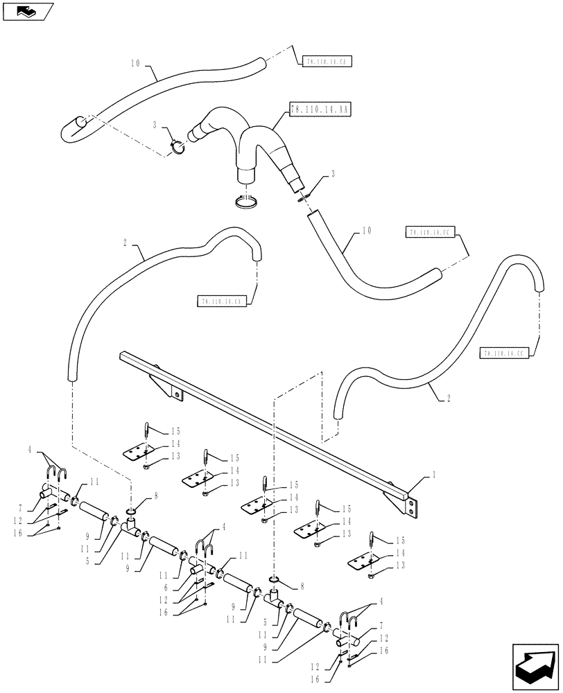 Схема запчастей Case IH 610 - (78.110.14.CB) - BOOM PLUMBING, 60/85 BOOM, 30" SPACING, CENTER SECTION (78) - SPRAYING