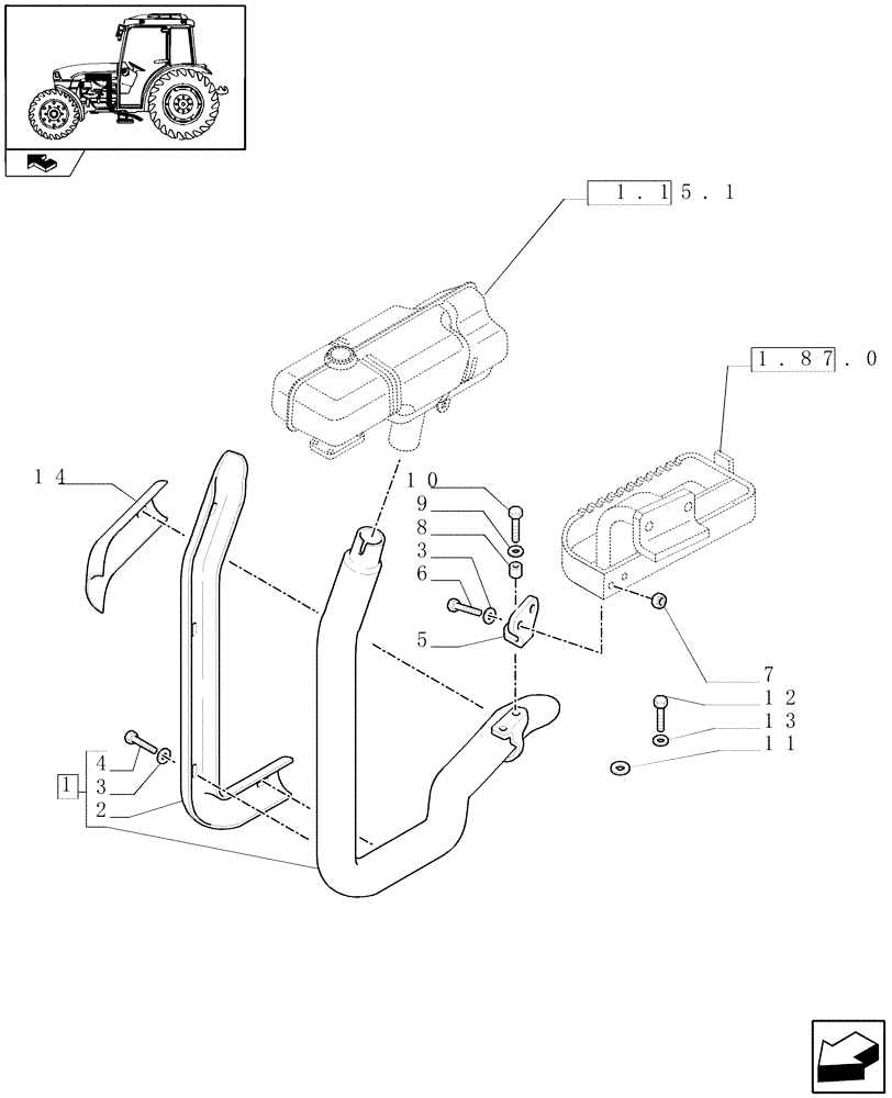 Схема запчастей Case IH FARMALL 95C - (1.15.1/02) - HORIZONTAL EXHAUST WITH GUARD SHIELD (VAR.330150) (02) - ENGINE EQUIPMENT