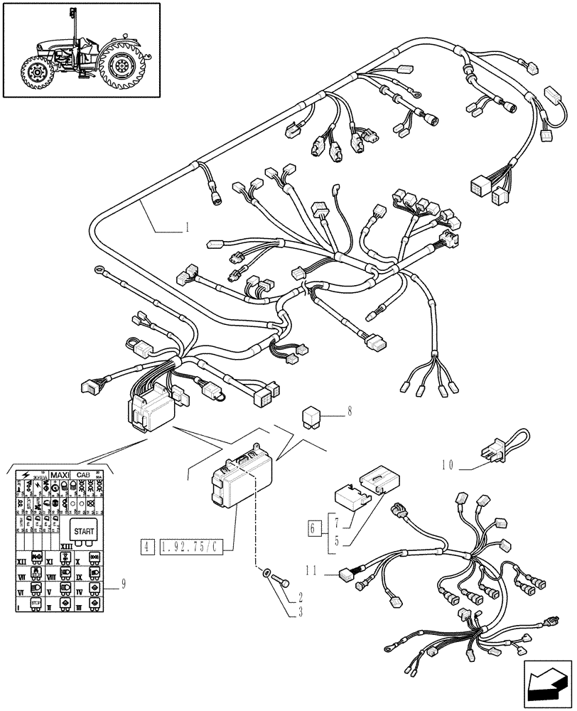 Схема запчастей Case IH JX1095C - (1.92.75/02) - (VAR.126-127) ELECTRONIC LIFT - AUXILIARY CABLES (10) - OPERATORS PLATFORM/CAB