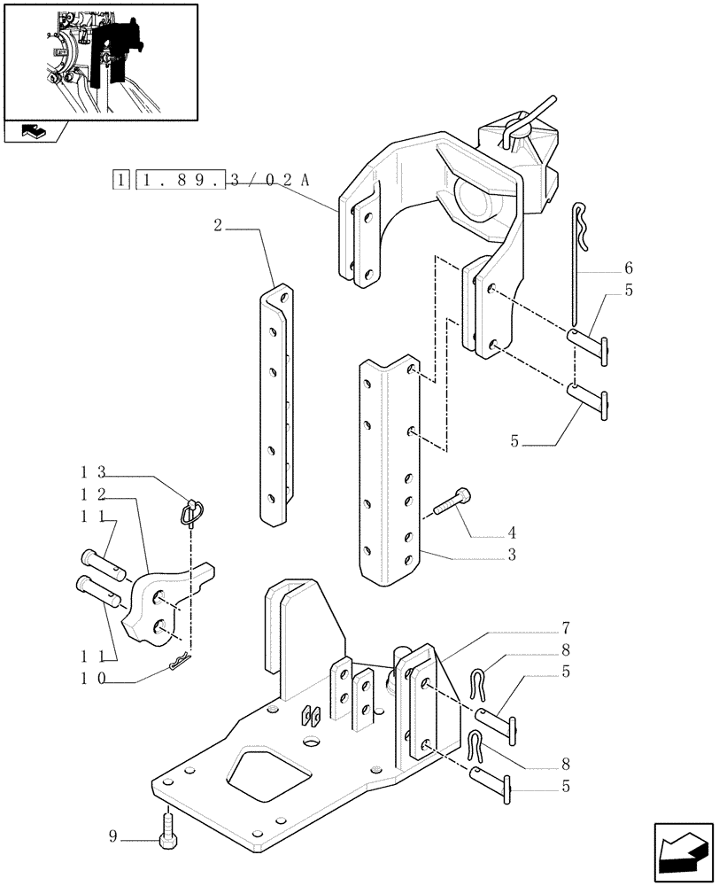 Схема запчастей Case IH FARMALL 85C - (1.89.3/02[01]) - SWIVEL HOOK, VERTICAL ADJUST, W/PIN (PITON) - FRANCE - C5824 (VAR.330893) (09) - IMPLEMENT LIFT