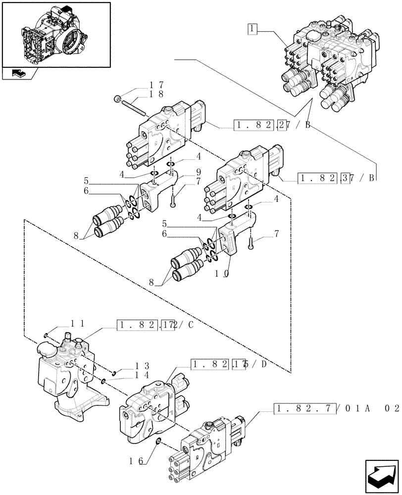 Схема запчастей Case IH PUMA 165 - (1.82.7/01A[01]) - REAR ELECTRONIC REMOTE CONTROL VALVES WITH 4 ELEMENTS - BREAKDOWN (07) - HYDRAULIC SYSTEM