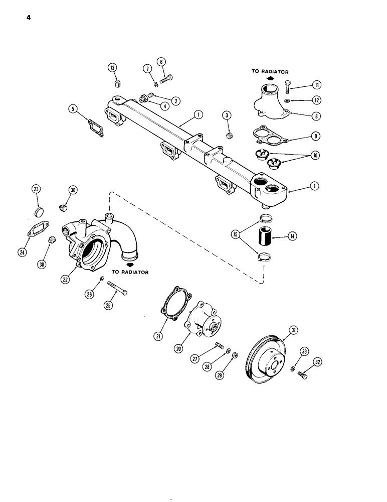 Схема запчастей Case IH 504DT - (004) - WATER MANIFOLD & THERMOSTATS / WATER PUMP, ENGINE LESS FUEL DEVICE, 504DT & 504D DIESEL ENGINES (10) - ENGINE