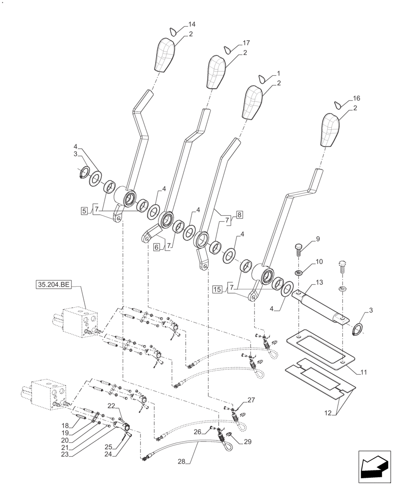 Схема запчастей Case IH FARMALL 110A - (35.204.BL[03]) - 4 CONTROL VALVES LEVER , CAB - BEFORE SN: CF01596M (35) - HYDRAULIC SYSTEMS