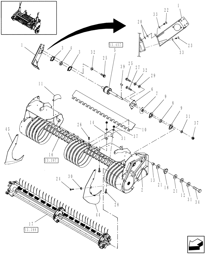 Схема запчастей Case IH RB454 - (13.396) - 1.8M WIDE PICKUP W/ ROTOR & CLUTCH, EUROPE & R.O.W. (13) - FEEDER