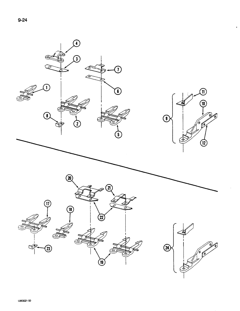 Схема запчастей Case IH 1590 - (9-024) - KNIFE GUARDS, 1490 AND 1590 MOWER CONDITIONER (03) - CHASSIS/MOUNTED EQUIPMENT