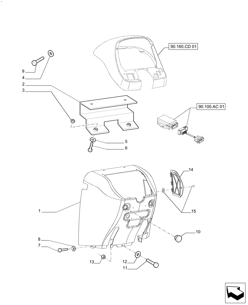 Схема запчастей Case IH FARMALL 110A - (90.160.CD[02]) - TRIM PANEL - FRONT - W/CAB (90) - PLATFORM, CAB, BODYWORK AND DECALS