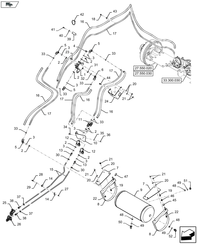 Схема запчастей Case IH LB434R - (33.300.040) - PNEUMATIC BRAKE RESERVOIR AND BRAKE VALVE - SINGLE AXLE (33) - BRAKES & CONTROLS