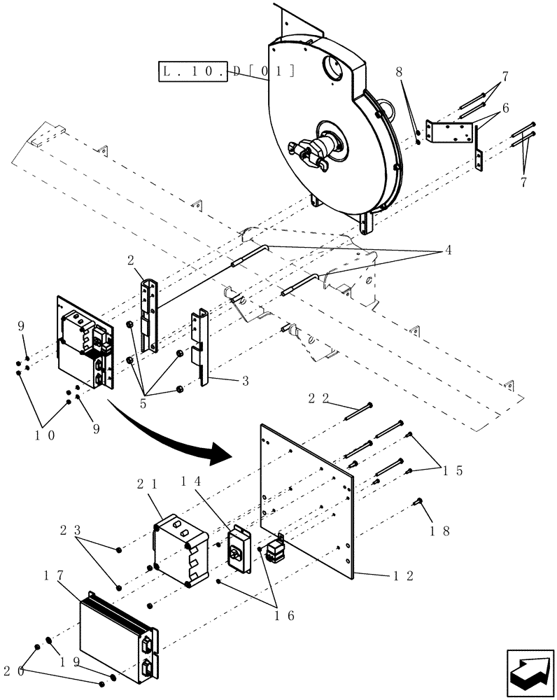 Схема запчастей Case IH 1200 - (L.10.D[04]) - FAN AND ELECTRONIC ASSEMBLY MOUNTING, 6 AND 8 ROW RIGID TRAILING (BEFORE 10/2003) L - Field Processing