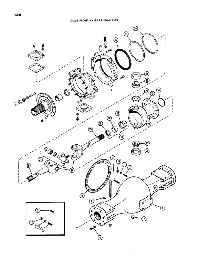 Схема запчастей Case IH 1200 - (136) - L10219 FRONT AXLE HOUSING AND KNUCKLE, 15.99 RATIO WITH CARDON JOINT (06) - POWER TRAIN