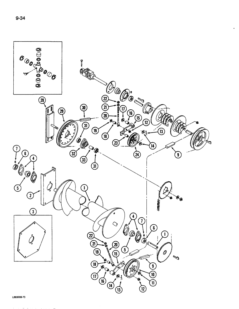 Схема запчастей Case IH 1590 - (9-034) - AUGER, AUGER DRIVE AND KNIFE DRIVE, 1490 AND 1590 MOWER CONDITIONER (03) - CHASSIS/MOUNTED EQUIPMENT
