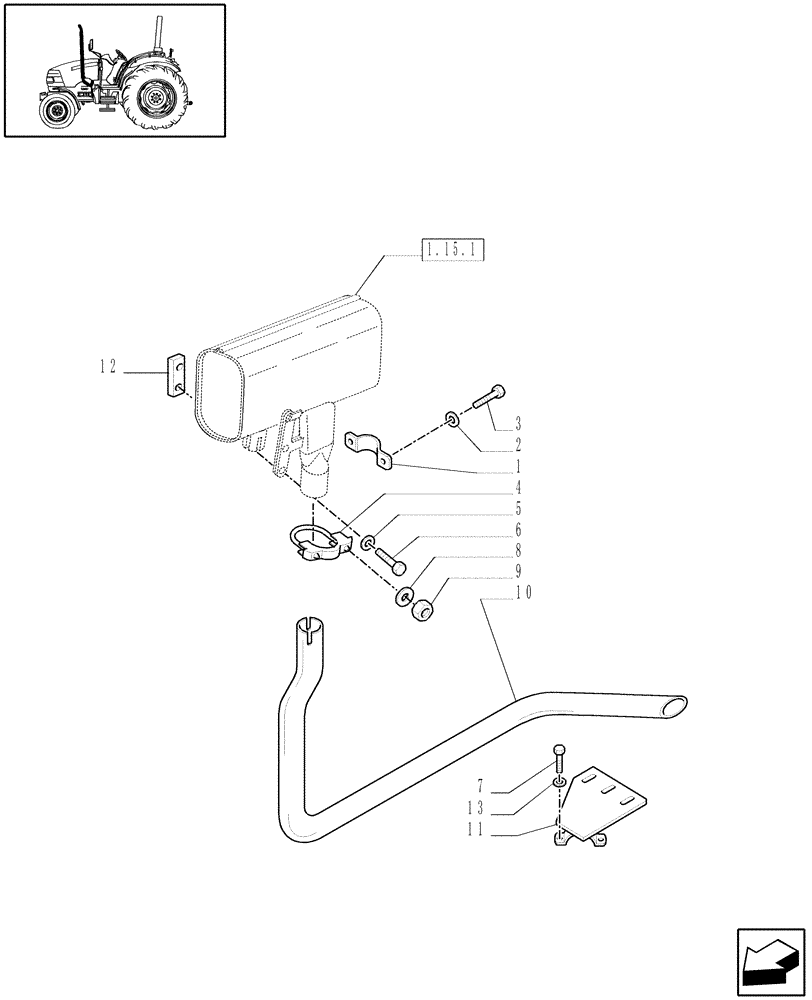 Схема запчастей Case IH JX90 - (1.15.1/02) - (VAR.150) HORIZONTAL EXHAUST FOR UNDERHOOD MUFFLER (02) - ENGINE EQUIPMENT