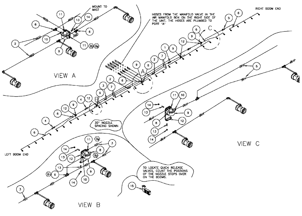 Схема запчастей Case IH FLX610 - (03-018) - 5-SECTION 60/85 BOOM GROUP, PNEUMATIC COMPONENTS 30/60" SPACING (09) - BOOMS