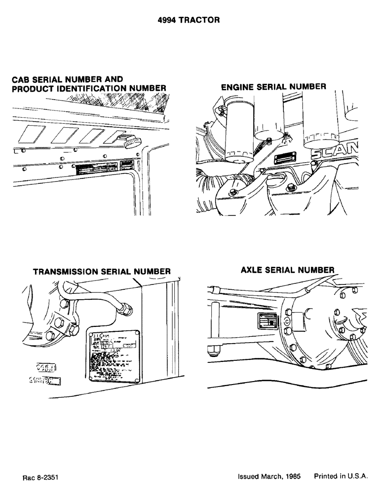 Схема запчастей Case IH 4994 - (1-04) - CAB SERIAL NUMBER AND PRODUCT IDENTIFICATION NUMBER, ENGINE, TRANSMISSION AND AXLE SERIAL NUMBERS (00) - PICTORIAL INDEX
