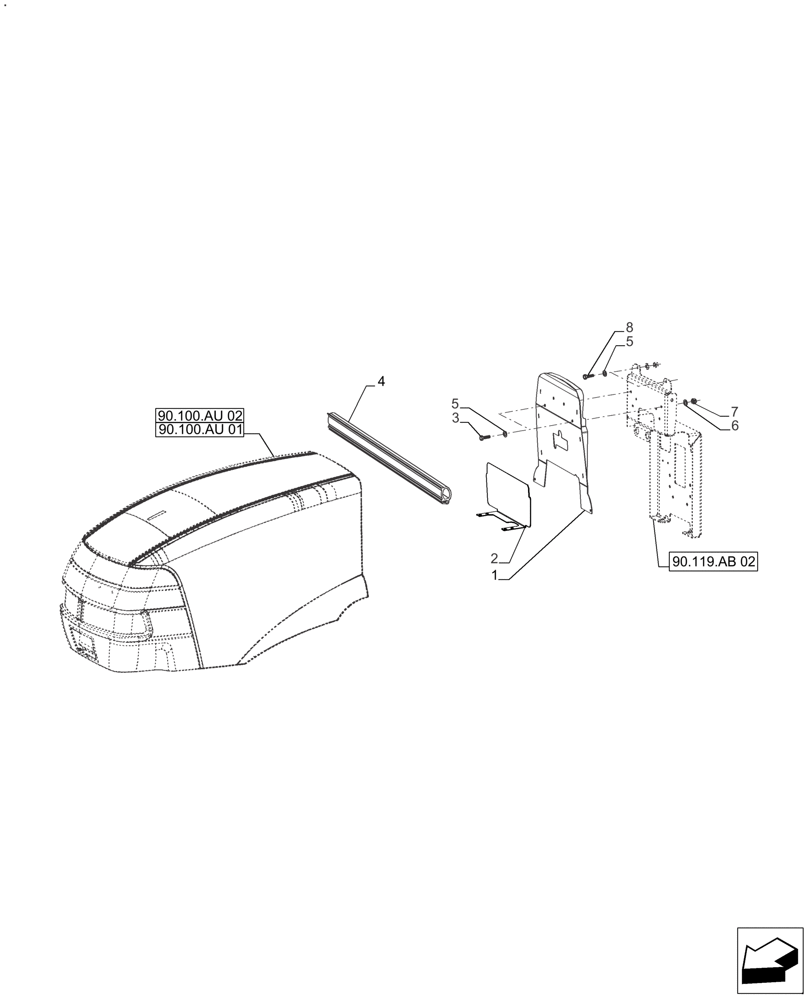 Схема запчастей Case IH FARMALL 110A - (90.100.AC[02]) - COVERS, HOOD & SEPARATOR, 4/6 CYL. PLATFORM (90) - PLATFORM, CAB, BODYWORK AND DECALS
