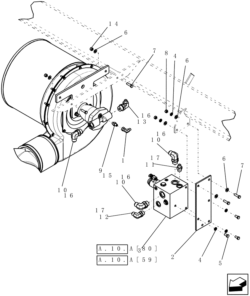 Схема запчастей Case IH 1200PT - (A.10.A[58]) - VALVE BLOCK AND FAN MOTOR DETAIL - BULK FILL HYDRAULICS 12/23 ROW, 16/31 ROW & 24 ROW A - Distribution Systems
