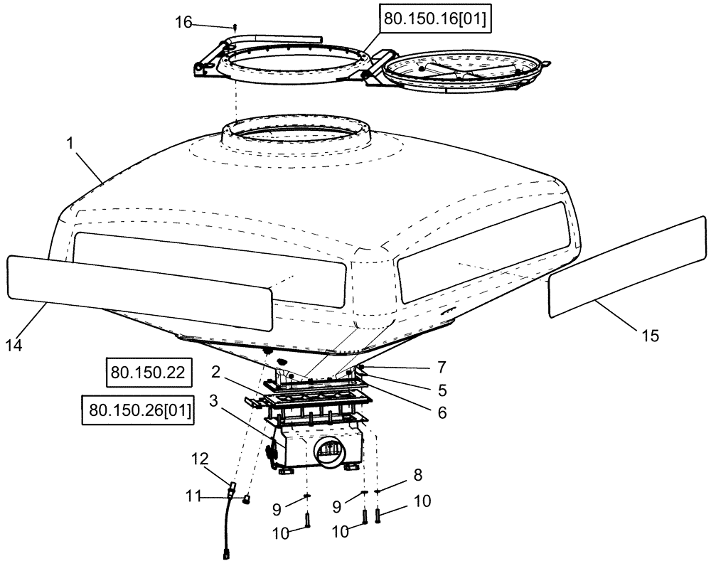 Схема запчастей Case IH 1250 - (80.150.18[01]) - BULK FILL - 50 BUSHEL SEED TANK - 16 ROW LH SHOWN BSN Y9S007001 (80) - CROP STORAGE/UNLOADING