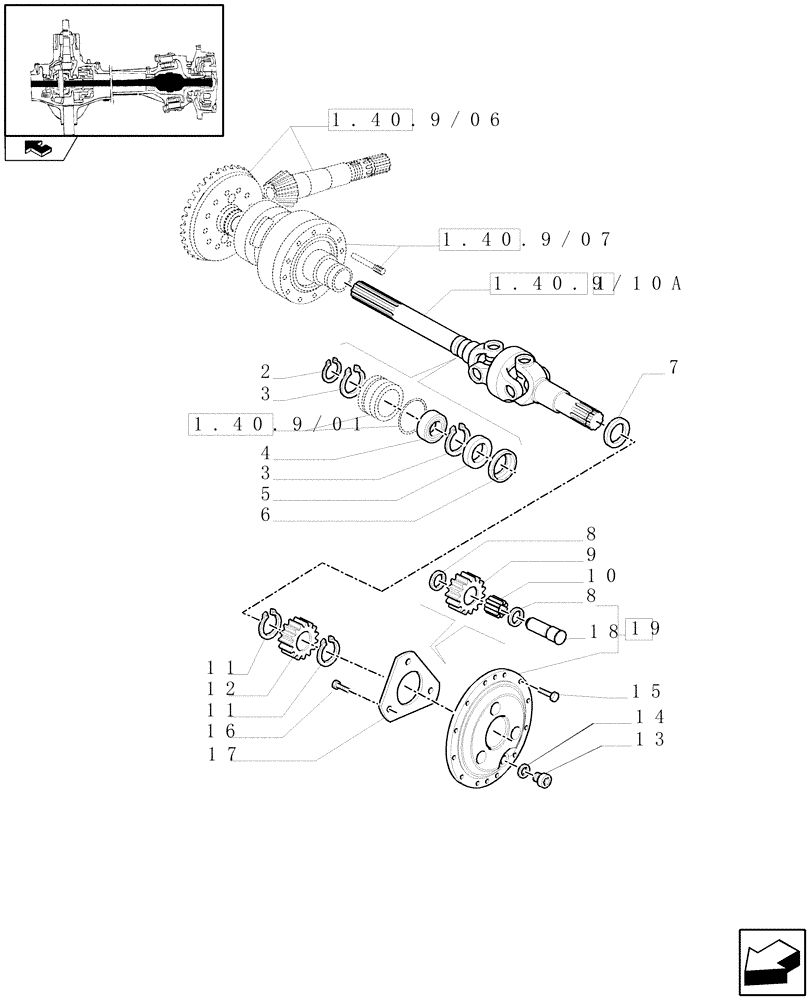 Схема запчастей Case IH PUMA 125 - (1.40. 9/10[01]) - (CL.3) SUSPENDED FRONT AXLE WITH HYDR. DIFF. LOCK, ST. SENSOR & BRAKES-DIFF.GEARS & DIFF.SHAFT - C5954 (VAR.330427) (04) - FRONT AXLE & STEERING