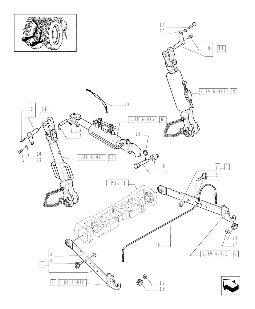 Схема запчастей Case IH MXU135 - (1.89.6/09[02]) - (VAR.484-790) RIGHT-HAND TIE ROD AND ADJUSTABLE HYDRAULIC STRUT - IMPLEMENT CONNECTOR DEVICE (09) - IMPLEMENT LIFT