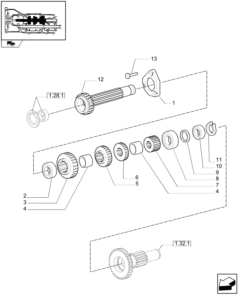 Схема запчастей Case IH FARMALL 105U - (1.28.7[01]) - 40KM/H 12X12 FOR LIGHT DUTY REAR TRANSMISSION - SPEED MAIN SHAFT AND GEARS (03) - TRANSMISSION