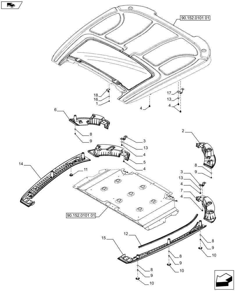 Схема запчастей Case IH FARMALL 75C - (90.152.0101[02]) - CAB WITH HIGH VISIBILITY PANEL - FRAME (VAR.333606 / 743574; VAR.336606-339606) - END YR 09-OCT-2012 (90) - PLATFORM, CAB, BODYWORK AND DECALS