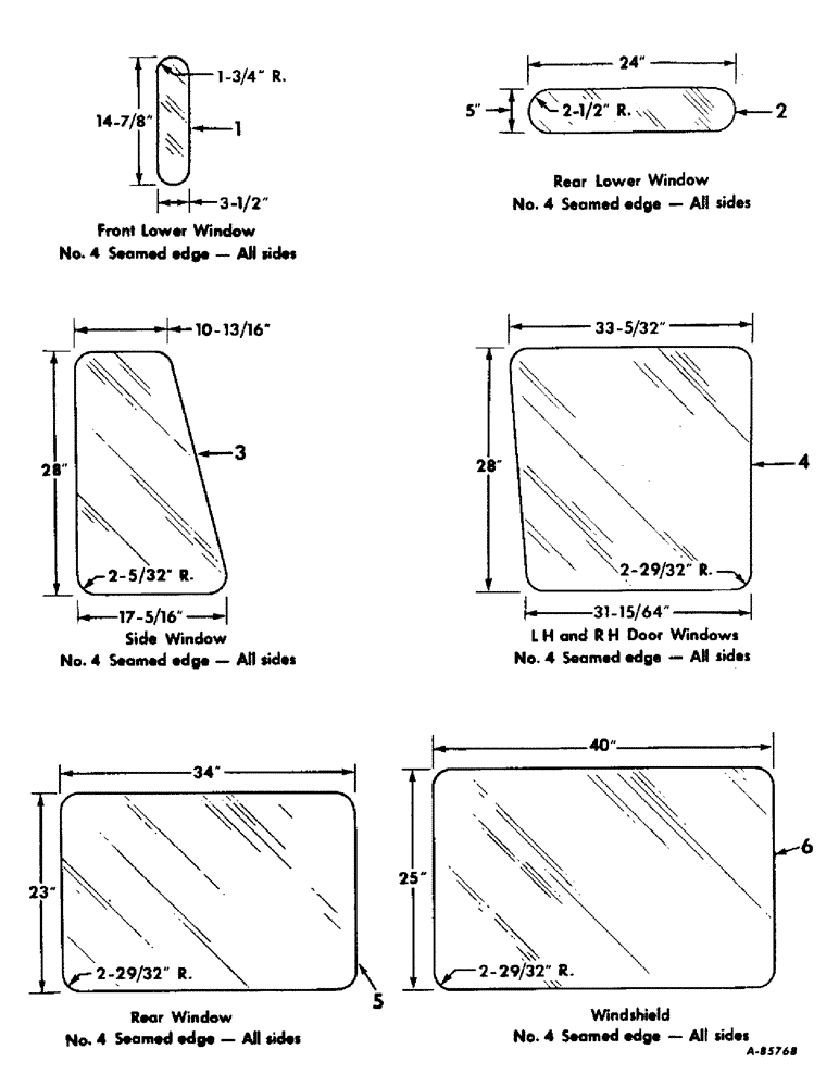 Схема запчастей Case IH 4156 - (N-07) - PARTS ACCESSORIES AND ATTACHMENTS, TRACTOR CAB GLASS DIMENSIONS Accessories & Attachments
