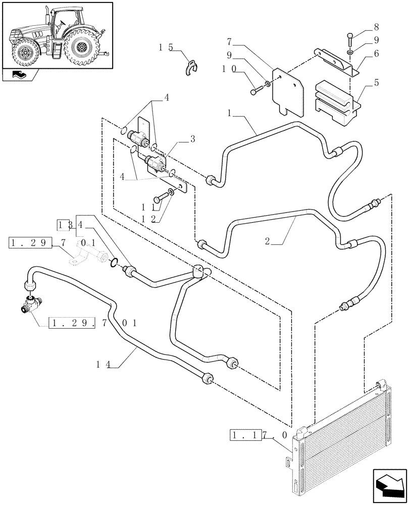 Схема запчастей Case IH PUMA 140 - (1.29.7[04]) - SEMI POWER SHIFT - TRANSMISSION OIL COOLER - PIPES (03) - TRANSMISSION