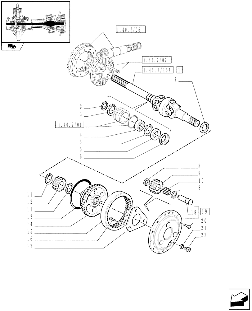 Схема запчастей Case IH PUMA 125 - (1.40. 7/10[01A]) - (CL.3) FRONT AXLE WITH DOG CLUTCH AND STEERING SENS. - DIFFERENTIAL GEARS AND SHAFT - D5954 - C6449 (VAR.330409) (04) - FRONT AXLE & STEERING