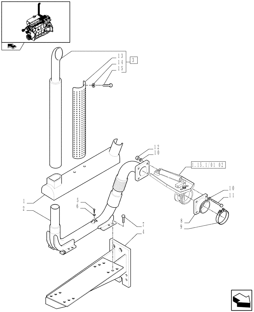 Схема запчастей Case IH PUMA 140 - (1.15.1/01[01]) - VERTICAL EXHAUST WITH EXHAUST BRAKE - EXHAUST SYSTEM AND SUPPORT (VAR.330468) (02) - ENGINE EQUIPMENT