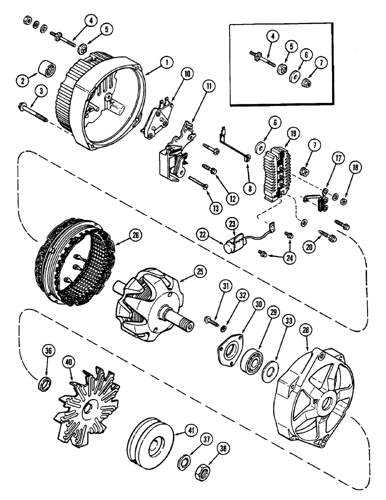 Схема запчастей Case IH 2290 - (4-142) - ALTERNATOR ASSEMBLY, 61 AMPERES, USES U.S. STANDARD HARDWARE (04) - ELECTRICAL SYSTEMS