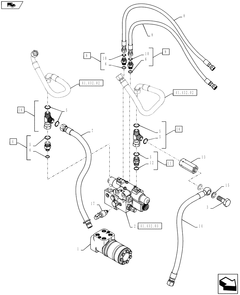 Схема запчастей Case IH PUMA 145 - (41.432.01) - VAR - 330077, 331077 - AUTO GUIDANCE SYSTEM READY - VALVES AND PIPES (41) - STEERING