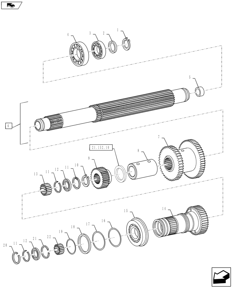 Схема запчастей Case IH PUMA 145 - (21.152.06) - VAR - 393247, 743735, 331247, 743734, 331291 - SPS - TOP DRIVING SHAFT AND GEARS (21) - TRANSMISSION