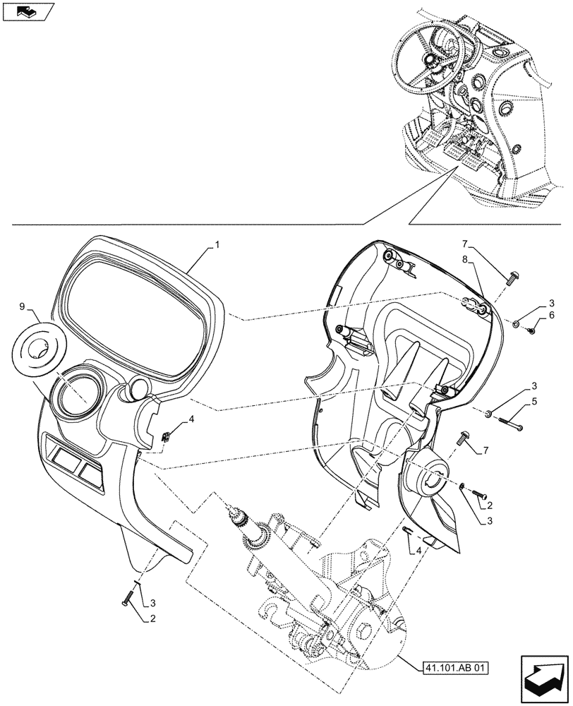 Схема запчастей Case IH FARMALL 115U - (90.110.AH[01]) - STD + VAR - 336606, 339606, 391606 - INSTRUMENT CLUSTER, TRIM PANEL (90) - PLATFORM, CAB, BODYWORK AND DECALS
