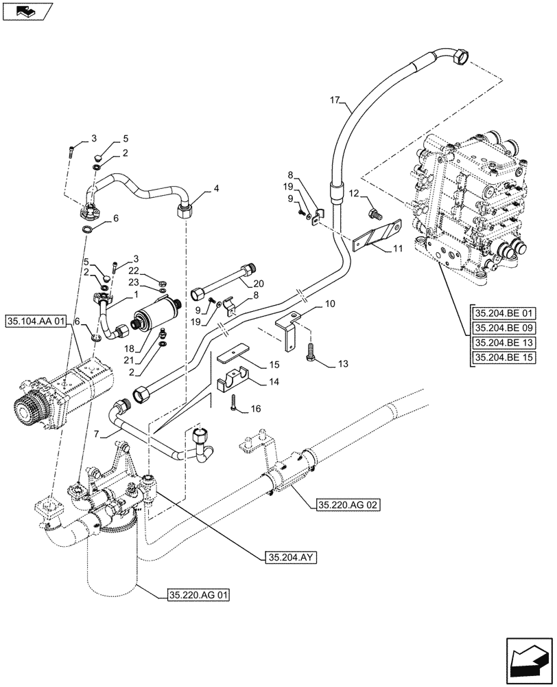 Схема запчастей Case IH FARMALL 115U - (35.204.BJ[01]) - STD + VAR - 743911 - DELIVERY PIPE, STEERING LINE (35) - HYDRAULIC SYSTEMS