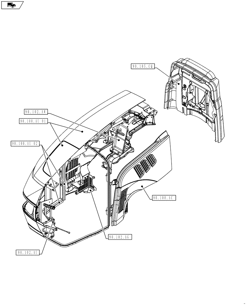 Схема запчастей Case IH FARMALL 105U - (90.000.00[01]) - SECTION INDEX - PLATFORM, CAB, BODYWORK AND DECALS (90) - PLATFORM, CAB, BODYWORK AND DECALS