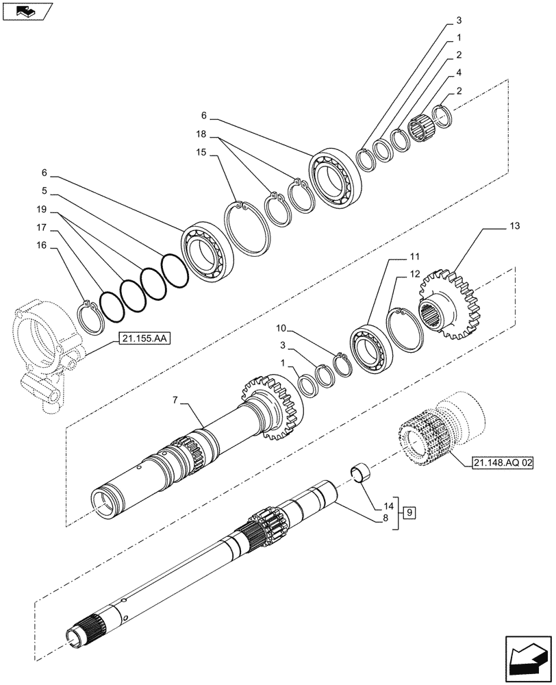 Схема запчастей Case IH FARMALL 115U - (21.148.AL[02]) - VAR - 332299 - TRANSMISSION (20X20), SHAFT (1ST/2ND) (1ST/2ND) (21) - TRANSMISSION