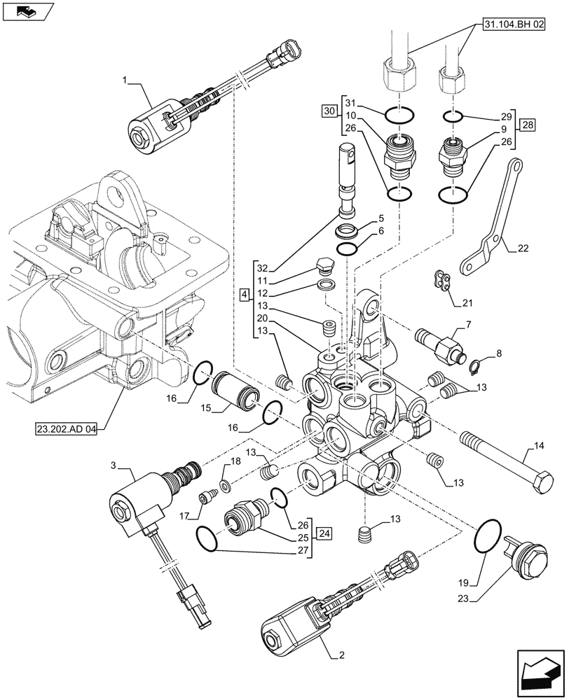 Схема запчастей Case IH FARMALL 105U - (23.202.AJ[02]) - VAR - 743933 - DIFFERENTIAL LOCK, VALVE, ISO (23) - FOUR WHEEL DRIVE SYSTEM