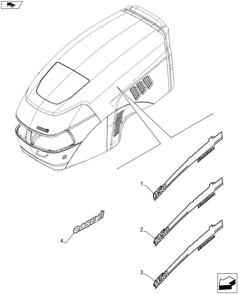 Схема запчастей Case IH FARMALL 115U - (90.108.AB) - STD + VAR - 322229, 390174, 390500 - MODEL IDENTIFICATION DECAL (90) - PLATFORM, CAB, BODYWORK AND DECALS