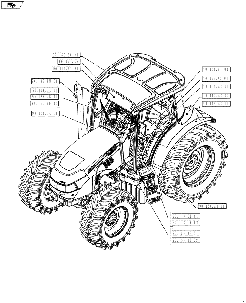 Схема запчастей Case IH FARMALL 105U - (90.000.00[02]) - SECTION INDEX - PLATFORM, CAB, BODYWORK AND DECALS (90) - PLATFORM, CAB, BODYWORK AND DECALS
