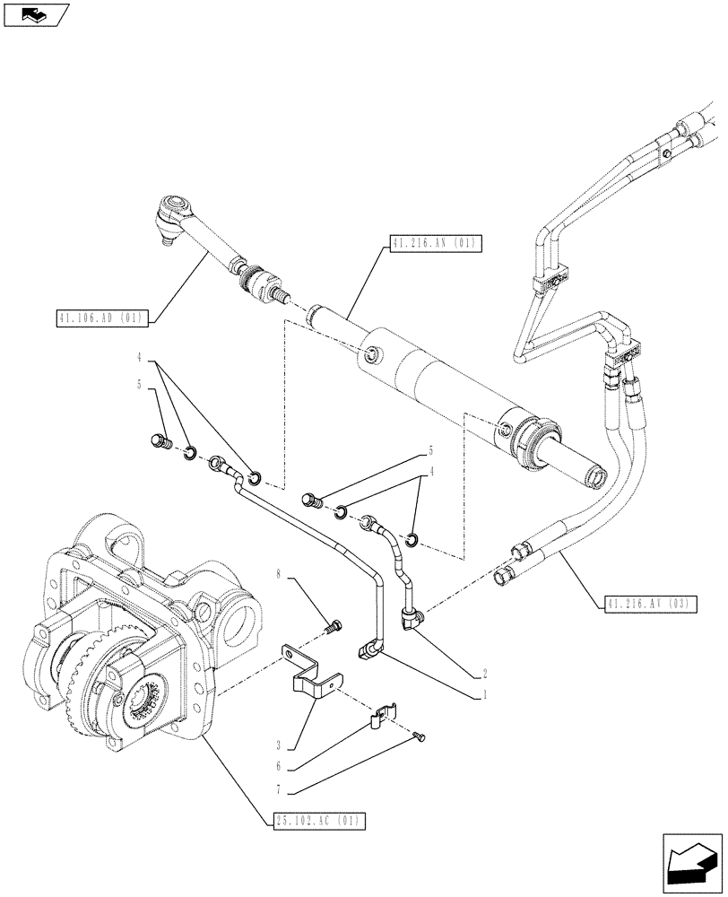 Схема запчастей Case IH FARMALL 85C - (41.216.AU[01]) - 4WD FRONT AXLE, STEERING CYLINDER HYD. LINE, W/LIMITED SLIP DIFFERENTIAL (41) - STEERING